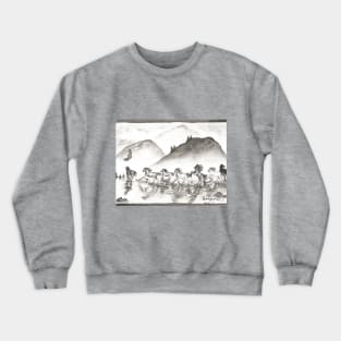 horses galloping across the water monochrome black and white watercolor painting Crewneck Sweatshirt